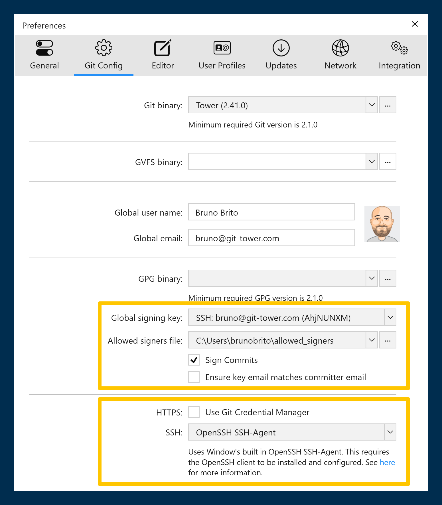 Tower — "Git Config" tab in the Preferences