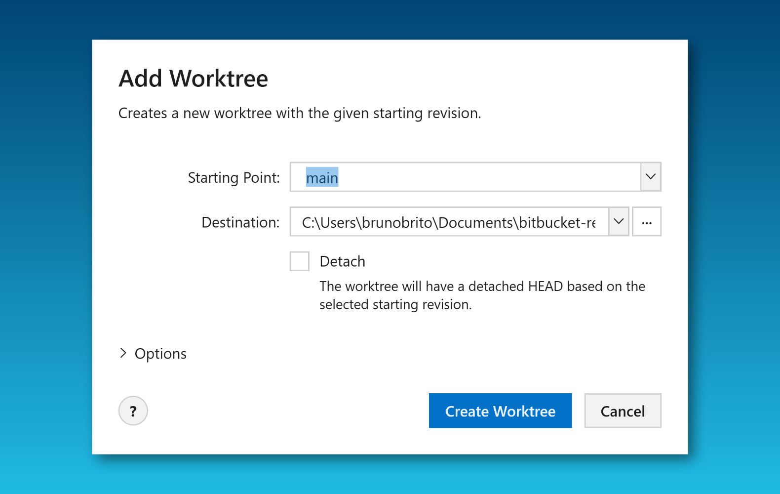 Tower 9.0 – Creating a New Worktree dialog