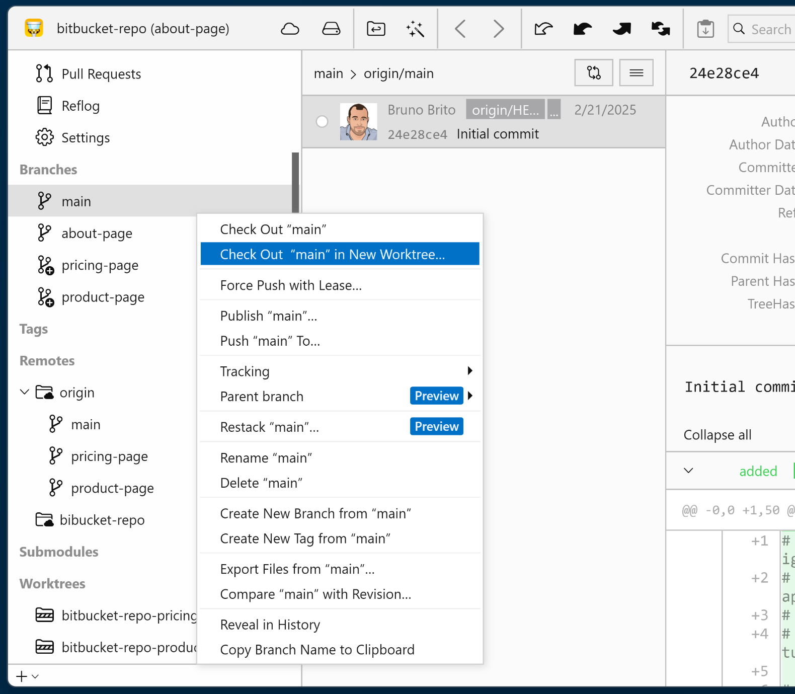 Tower 9.0 – Creating a New Worktree from the Context Menu