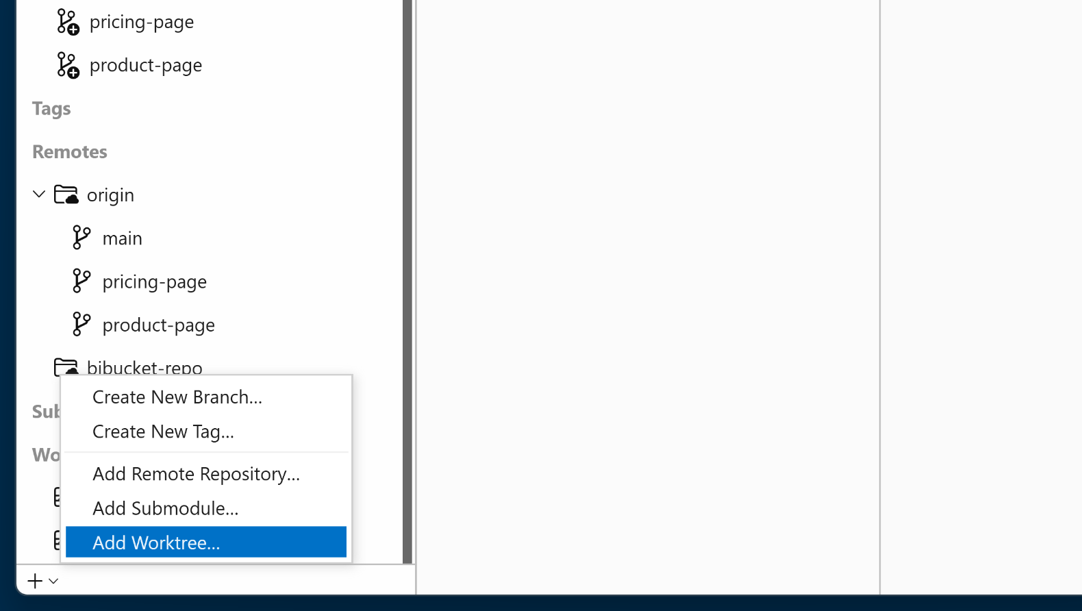 Tower 9.0 – Creating a New Worktree by clicking the "+" button