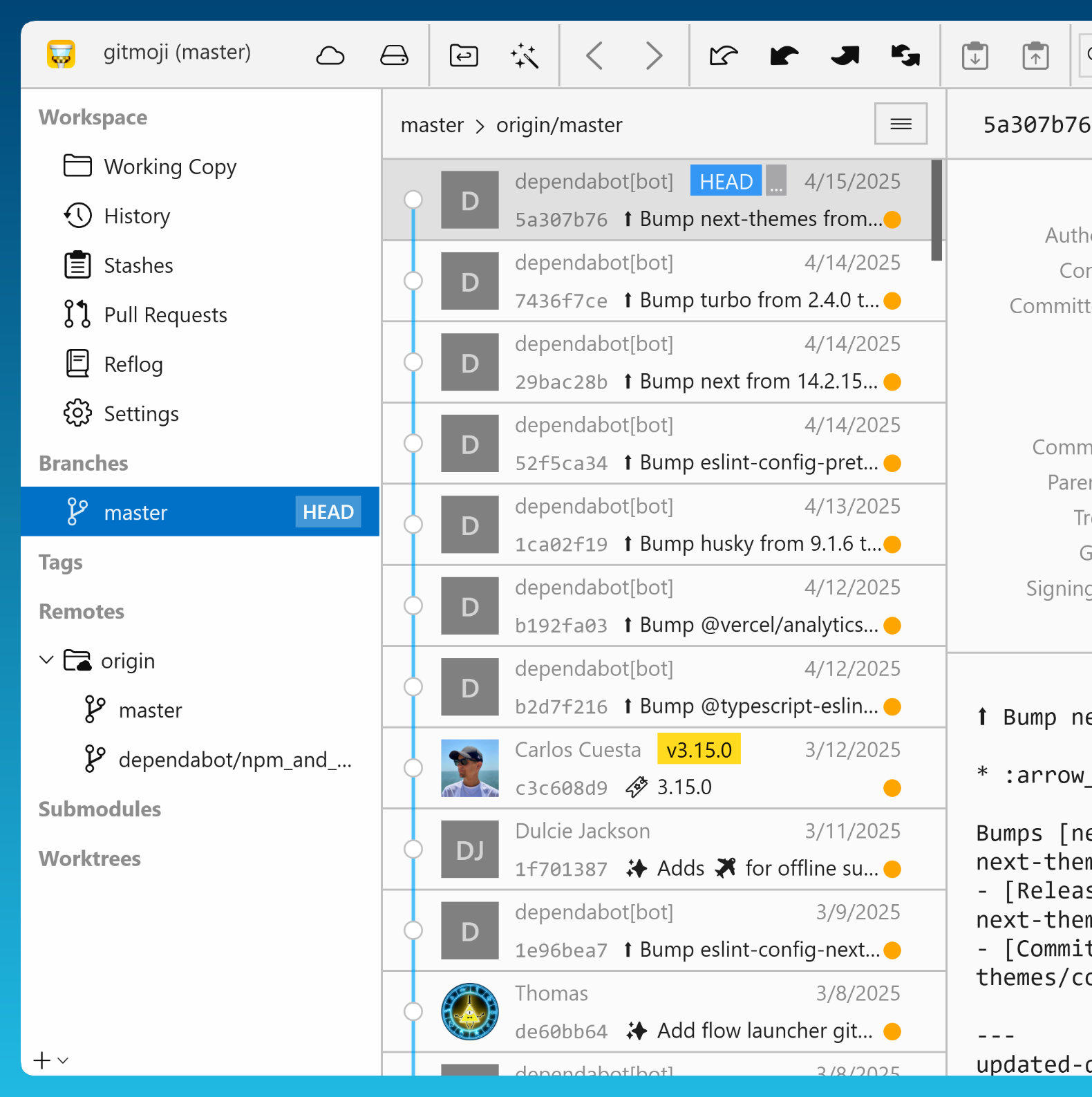 Tower 9.1 for Windows — History View with Gitmoji