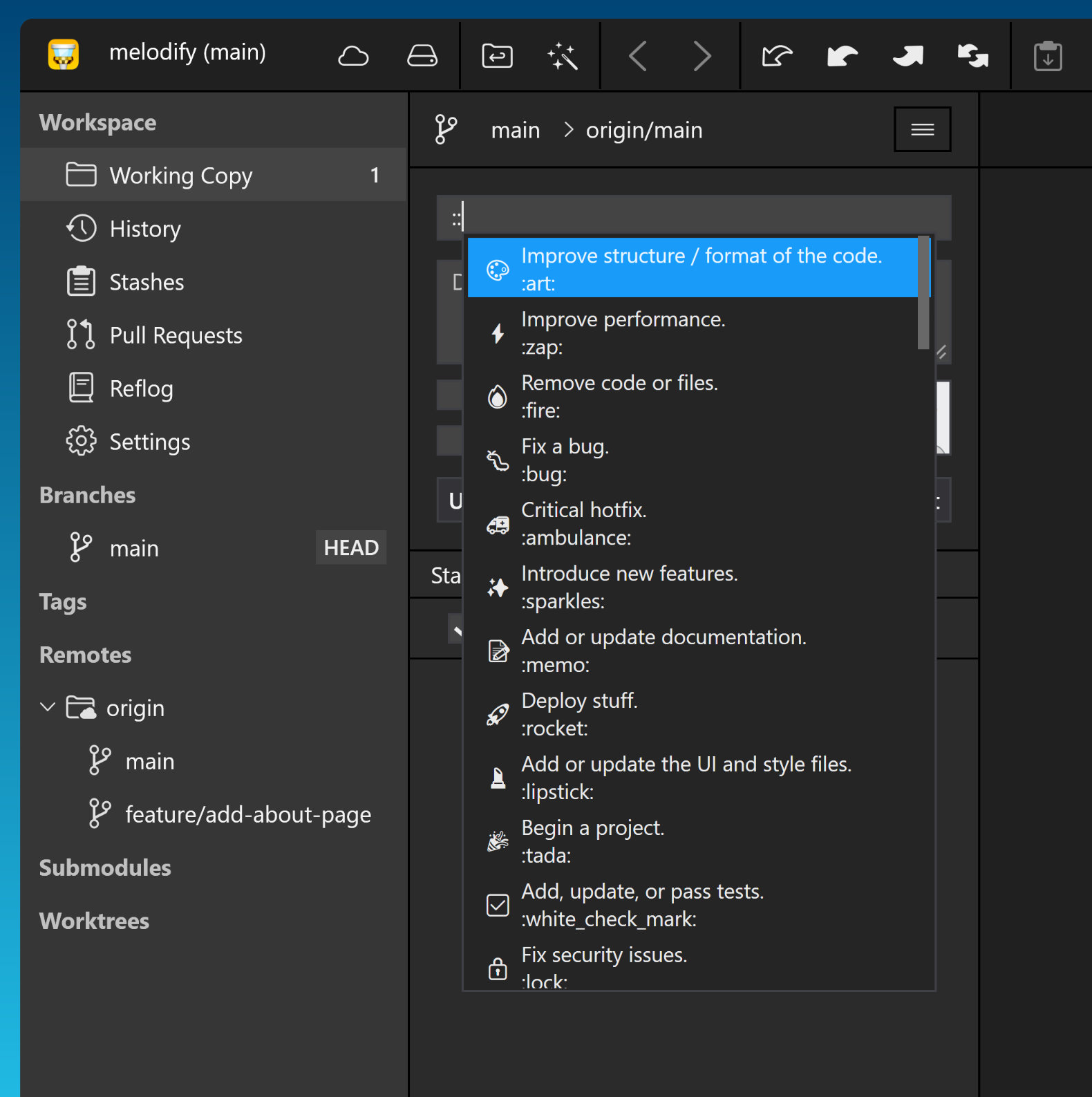 Tower 9.1 for Windows — Add Gitmoji