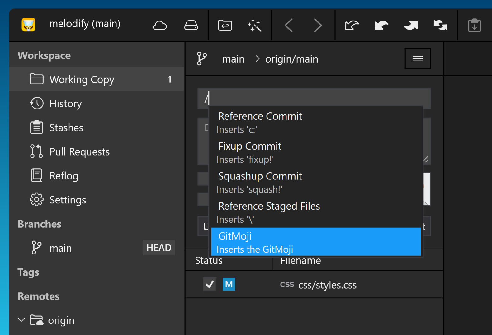 Tower 9.1 for Windows — Commit Composing with Gitmoji