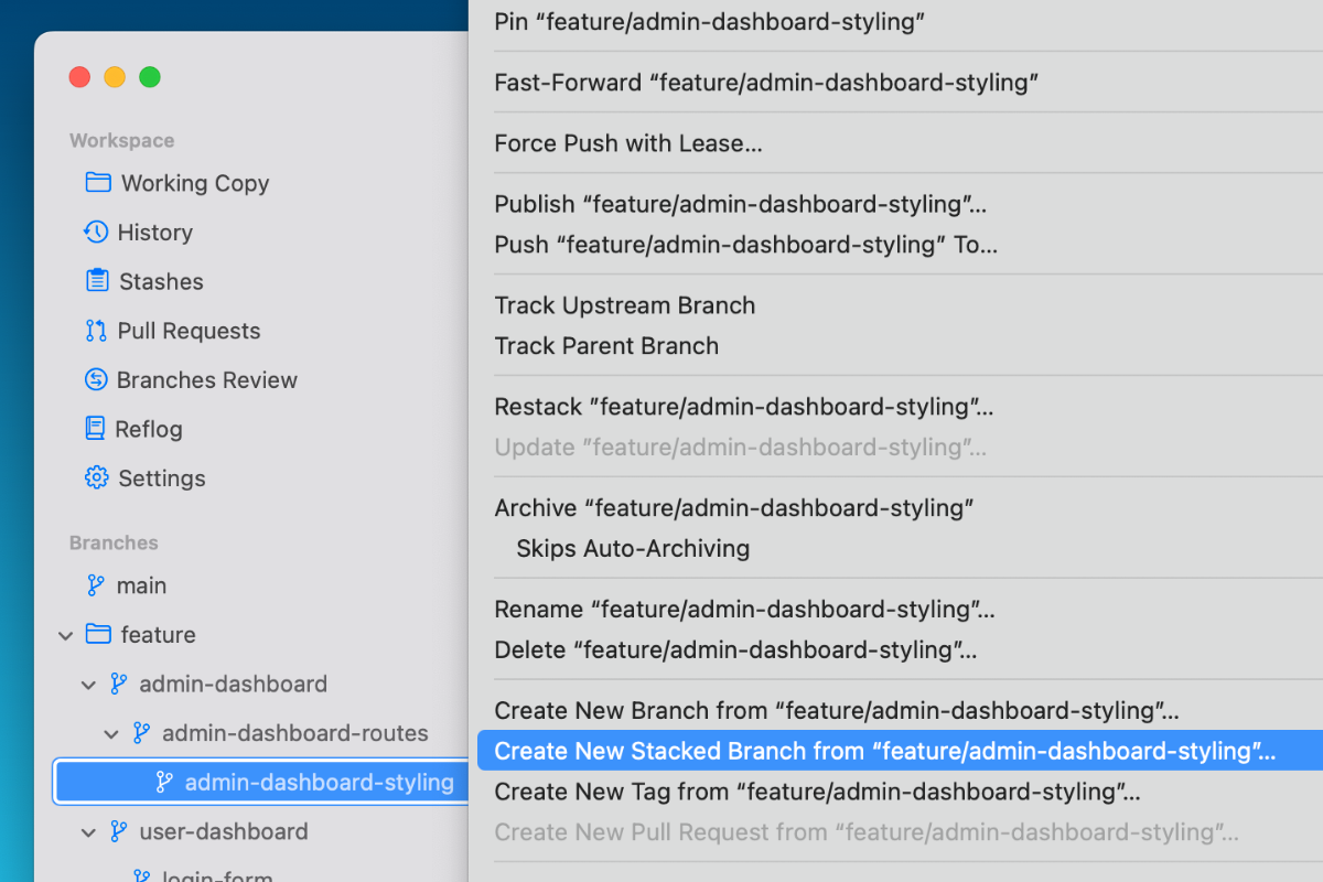 Tower – Create New Stacked Branch