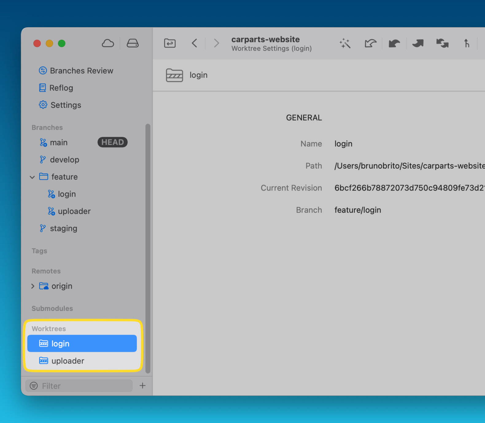 Worktrees in Tower's Sidebar
