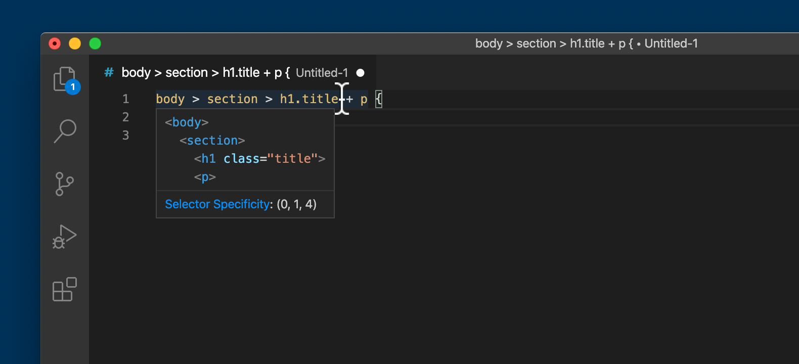 CSS selector and specificity preview.