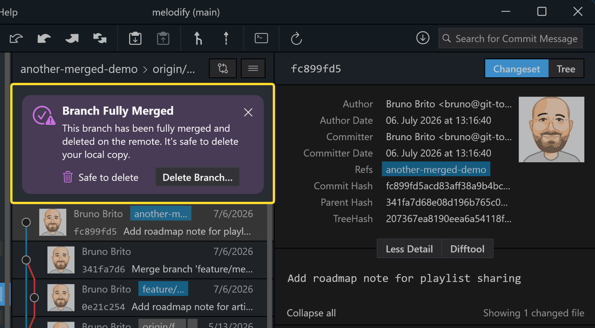 Hint view for a fully merged branch with a one-click option to delete it