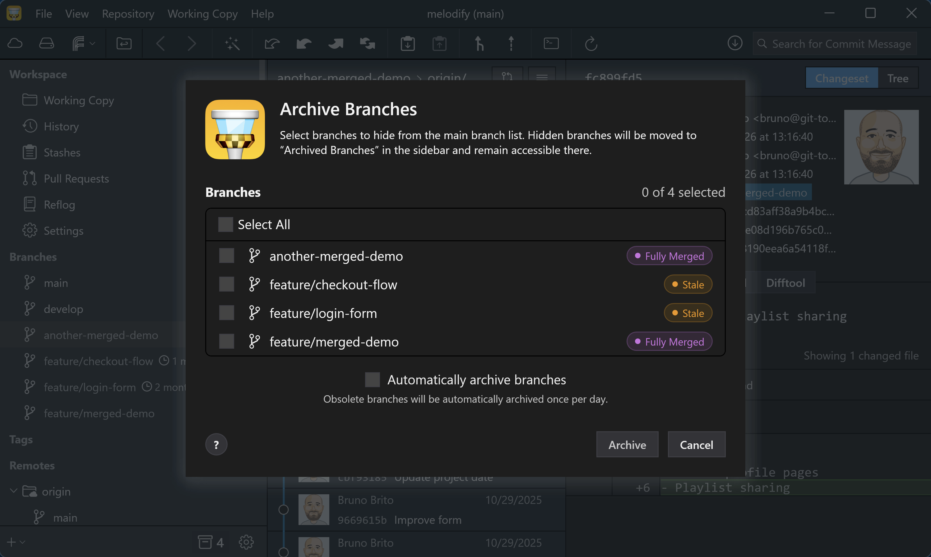 The Archive Branches dialog listing branches flagged as Fully Merged or Stale