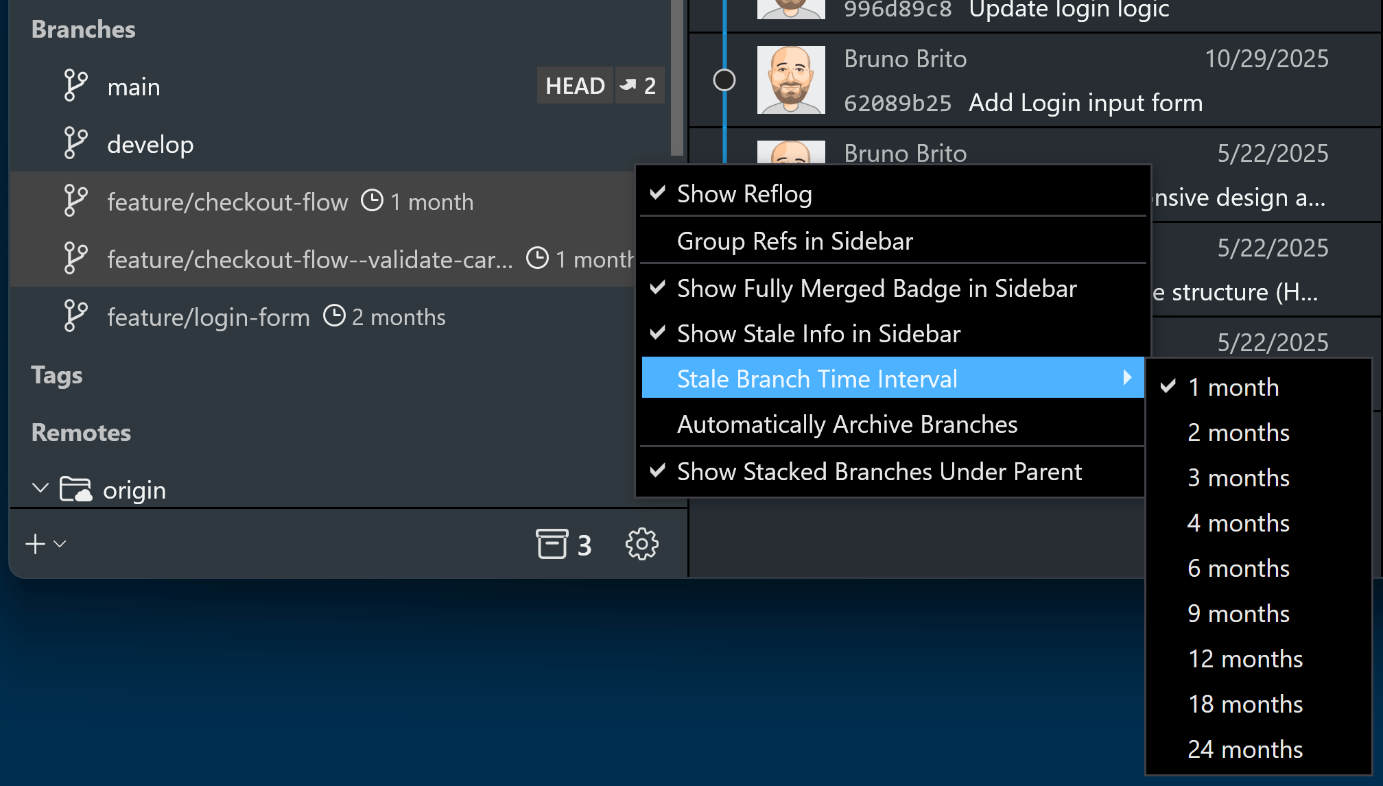 Settings for the interval that defines when a branch becomes stale