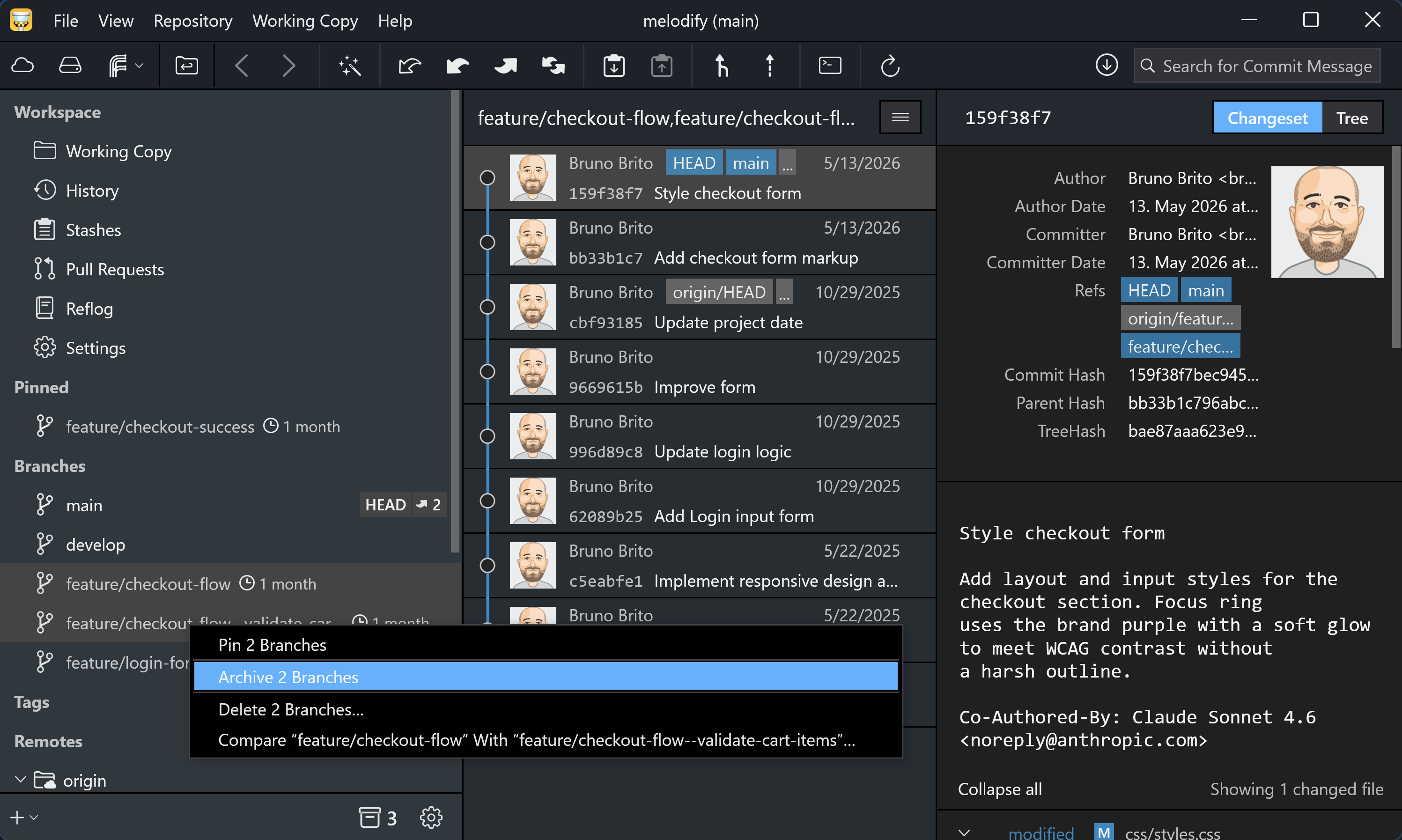 Archiving multiple selected branches at once via the context menu