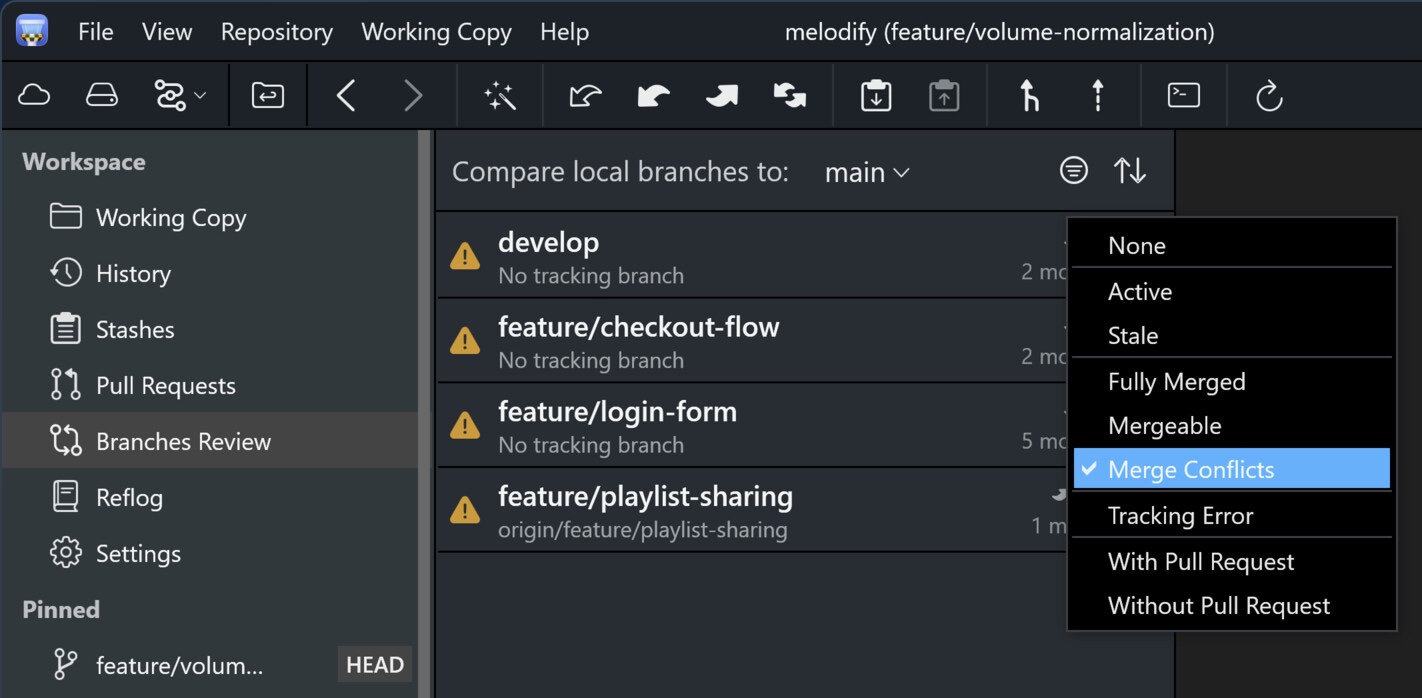 The filter menu in Branches Review with options for Active, Stale, Fully Merged, Mergeable, Merge Conflicts, Tracking Error, and Pull Requests