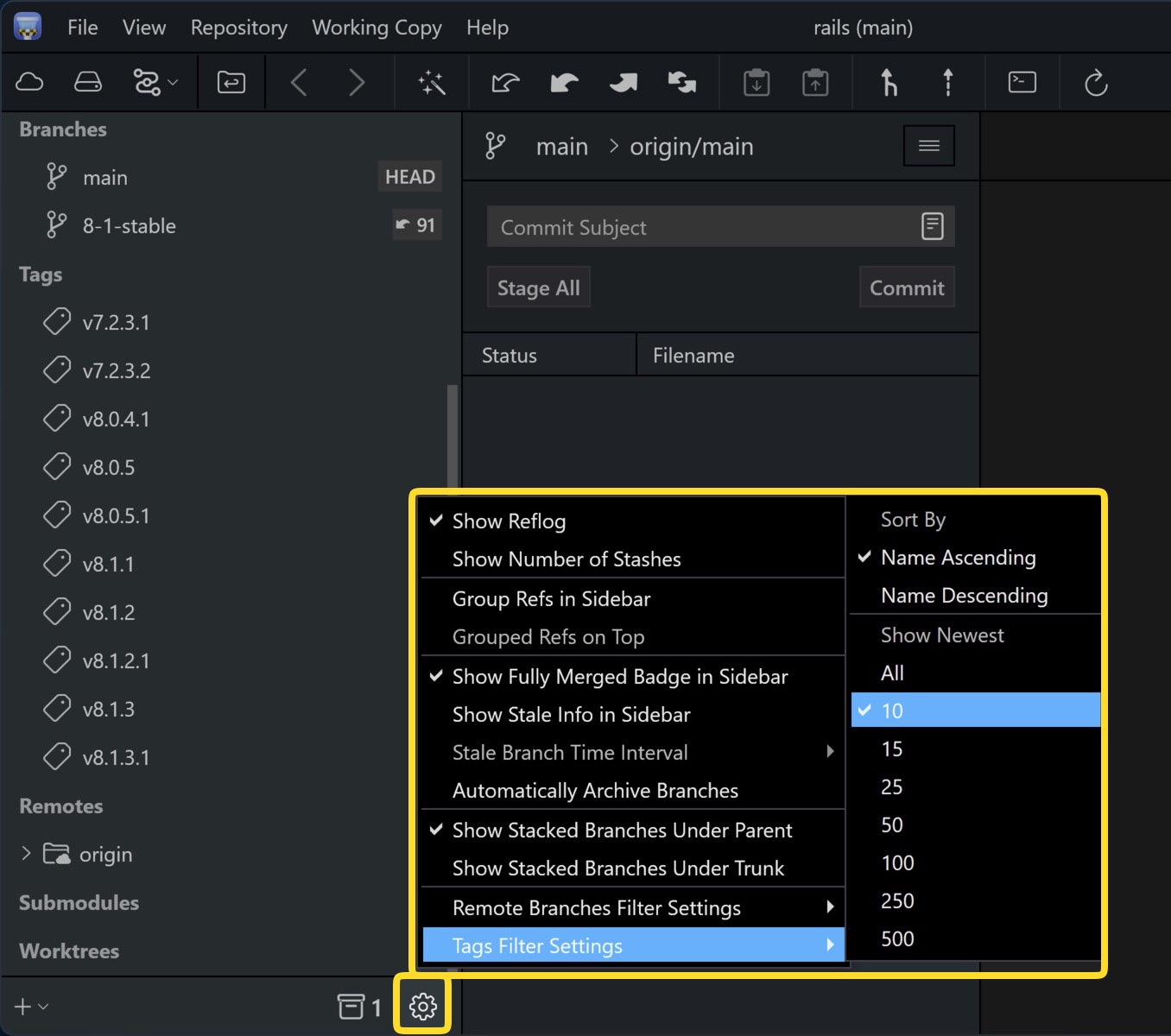 The sidebar view settings menu with the Tags Filter Settings submenu open
