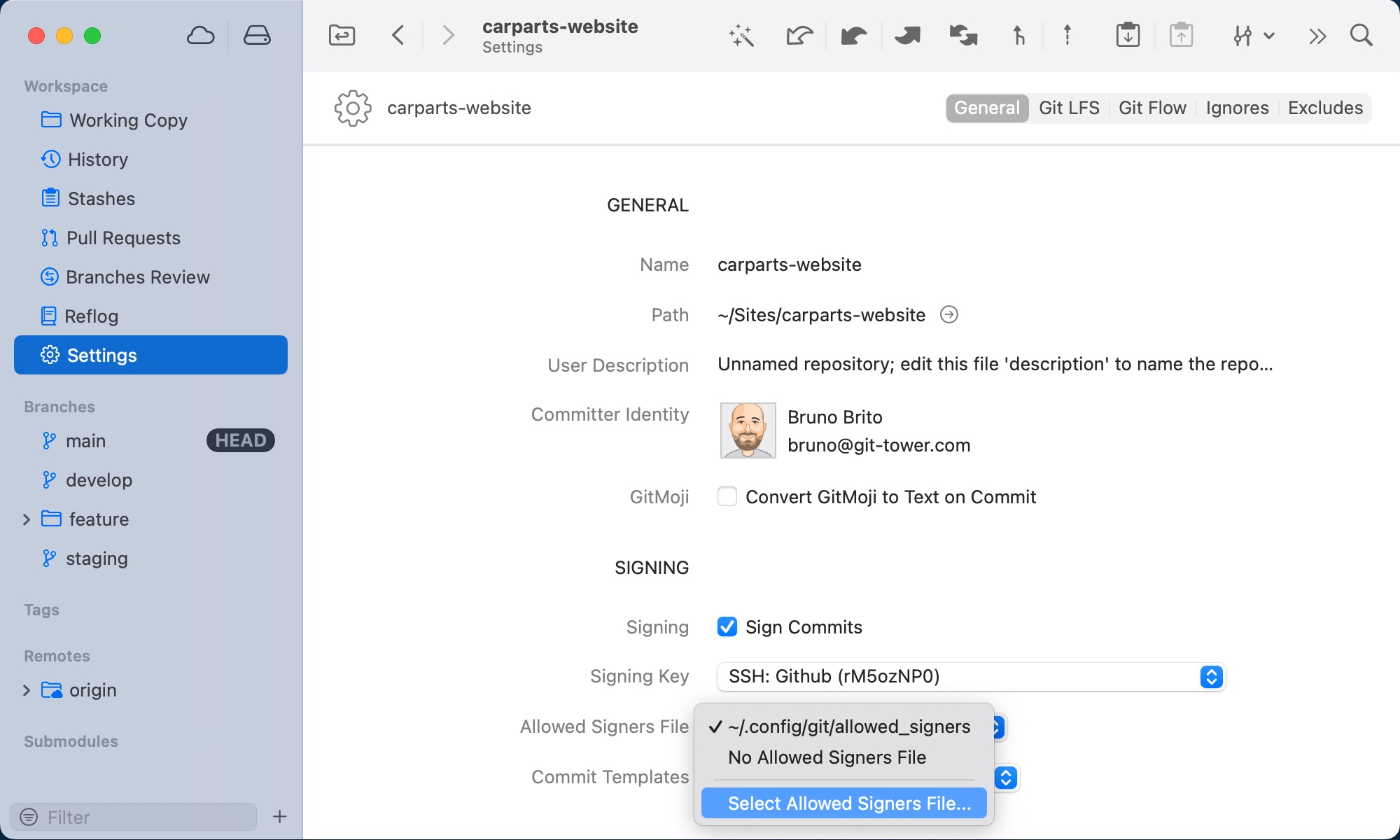 Selecting an "Allowed Signers" file in Tower