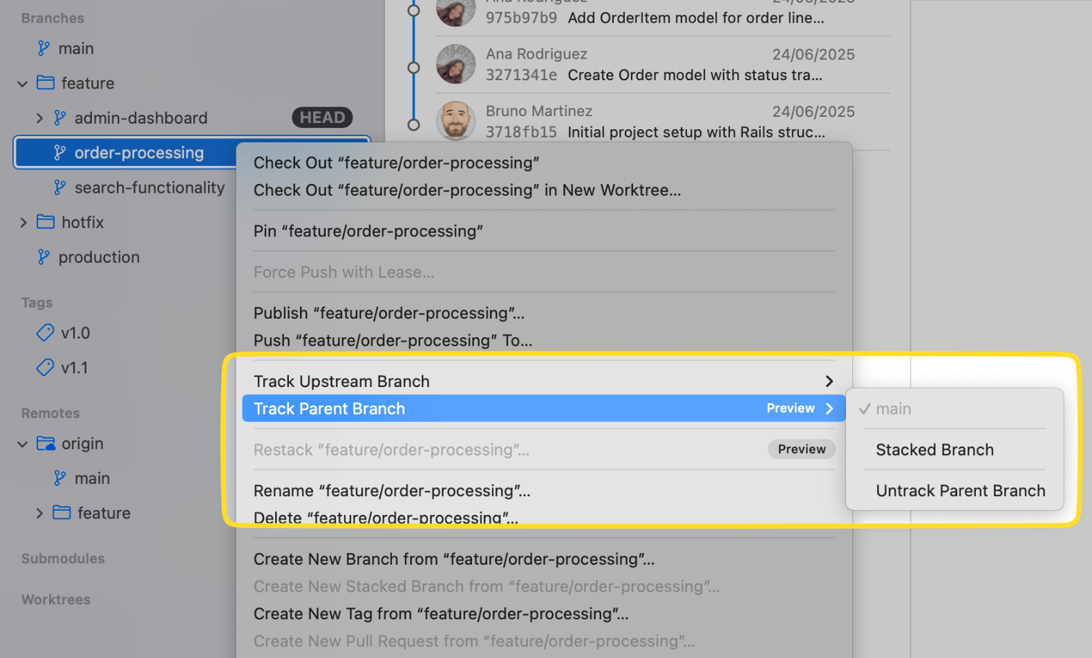 Changing a branch's tracked parent branch from its context menu in the sidebar