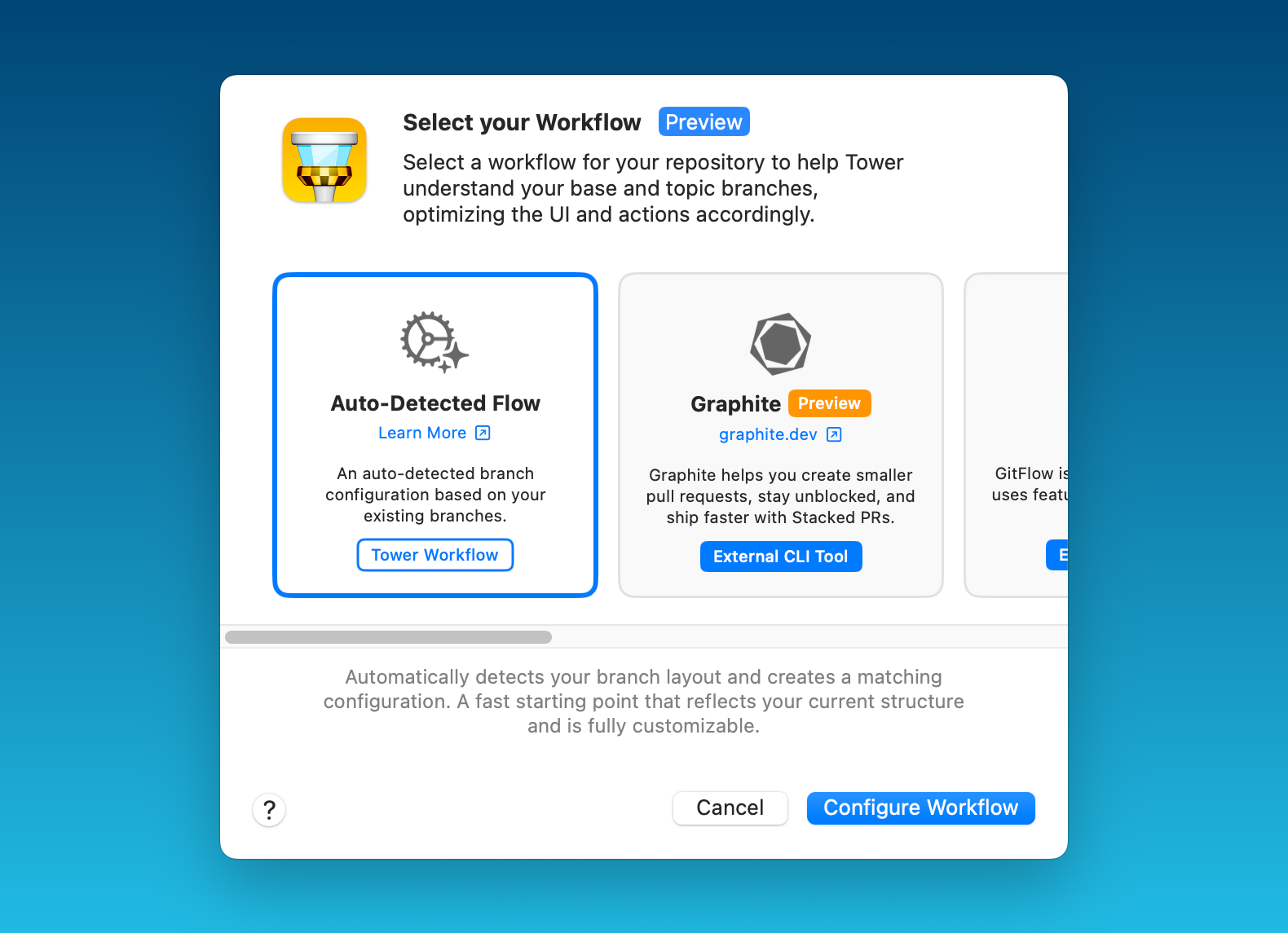 Selecting a workflow template, such as Auto-Detected Flow, Graphite, or GitFlow