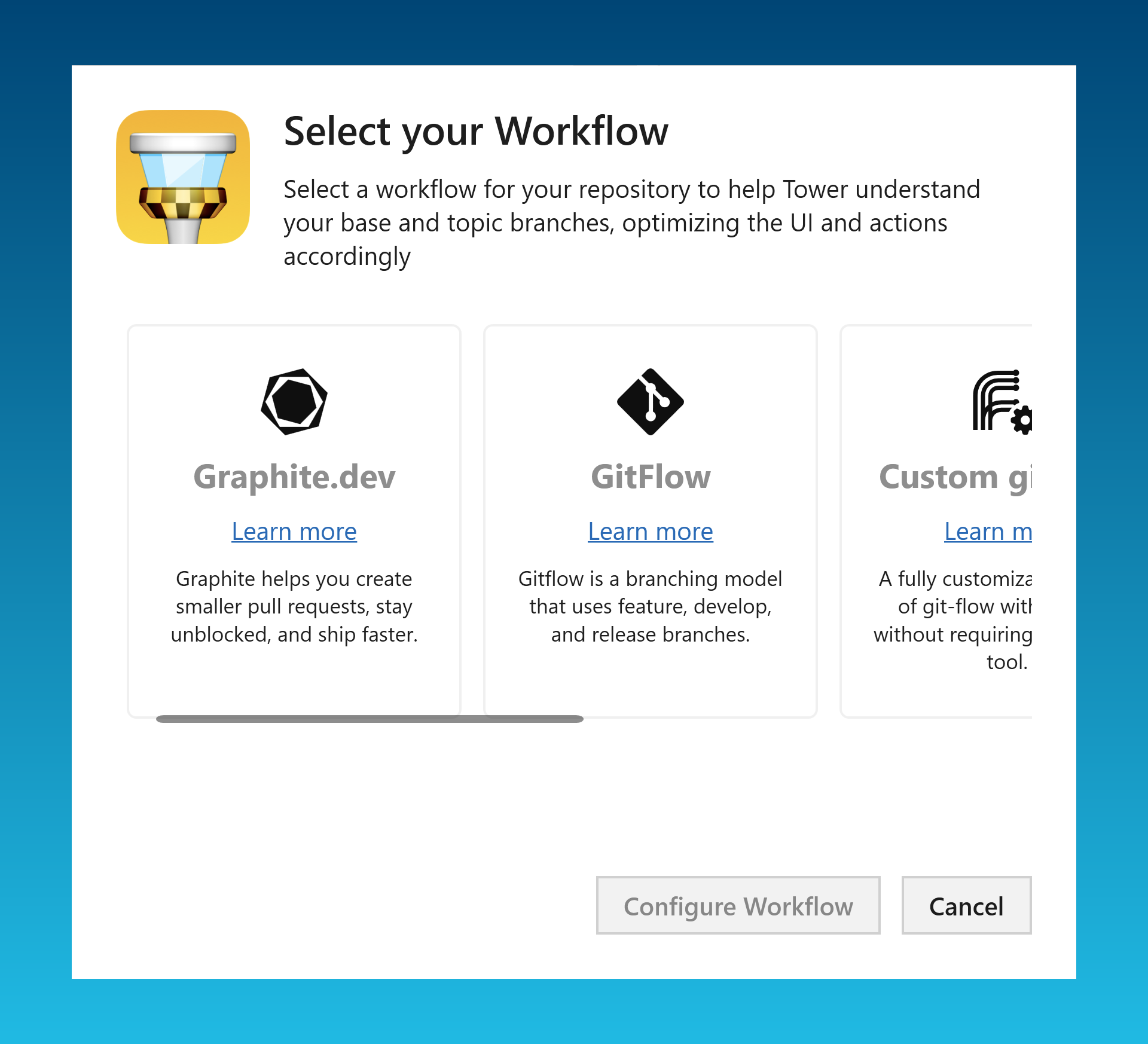 Selecting a workflow template, such as Graphite.dev, GitFlow, or a custom git-flow