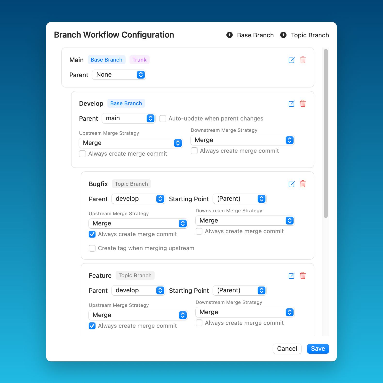 The Branch Workflow Configuration dialog, listing base and topic branches with their merge strategies