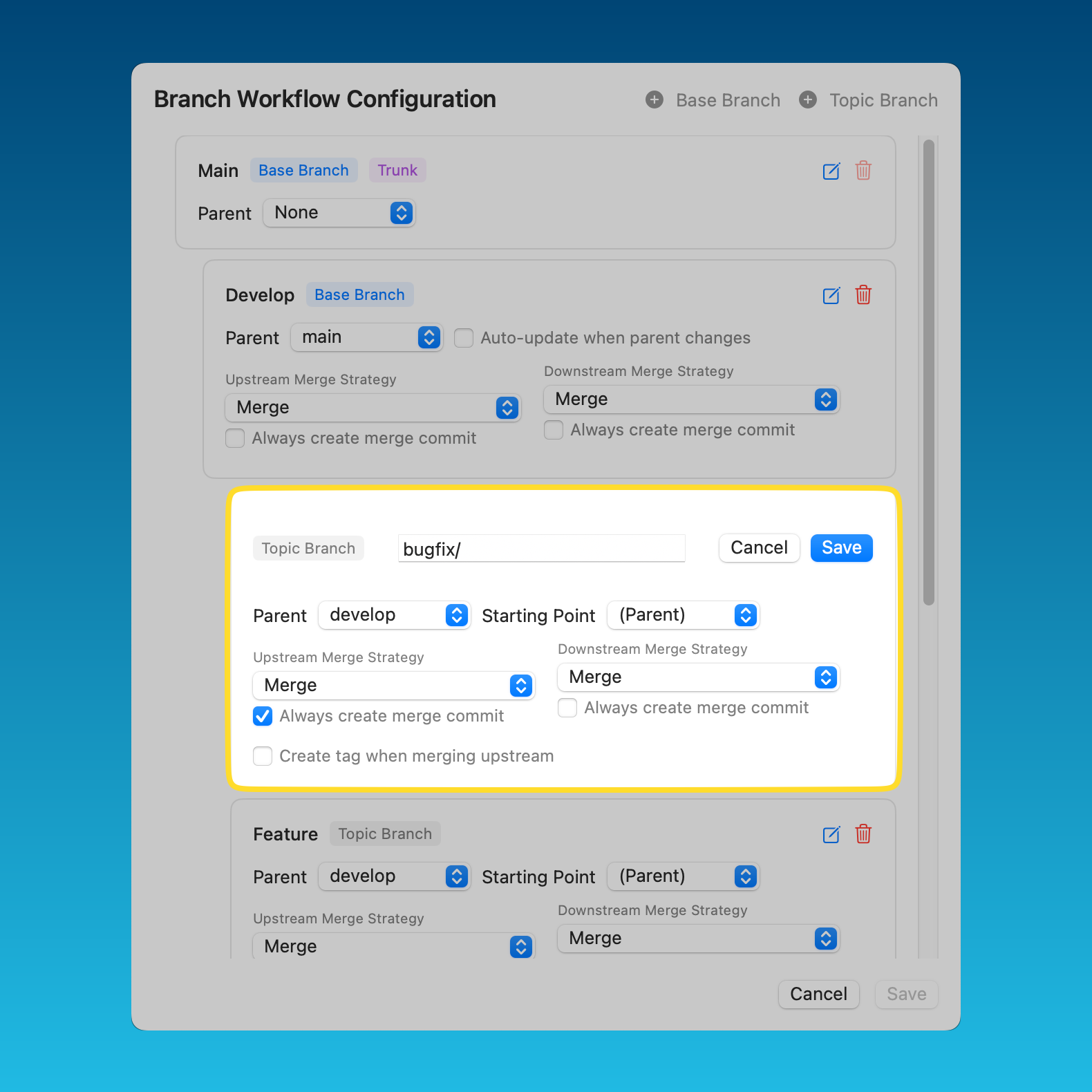 Configuring a topic branch type, including its prefix, parent branch, and starting point