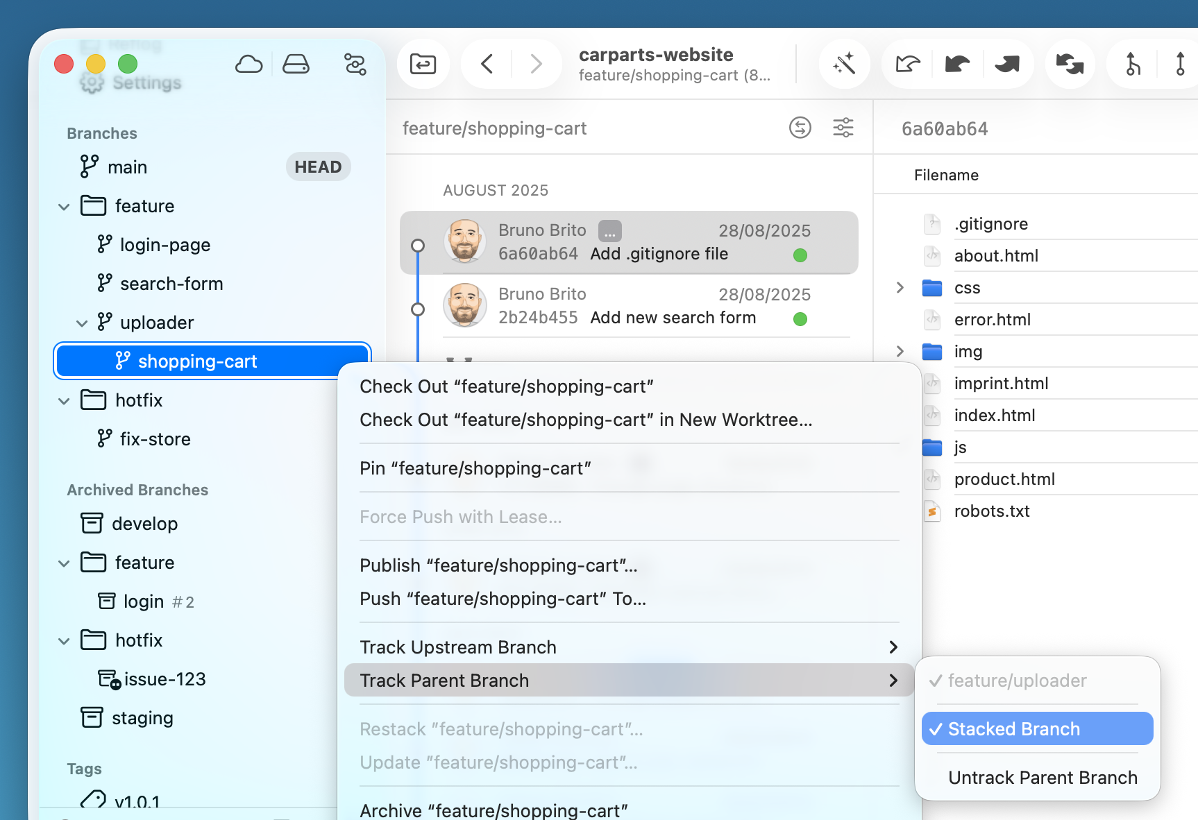 Marking a branch as a stacked branch from the Track Parent Branch context menu