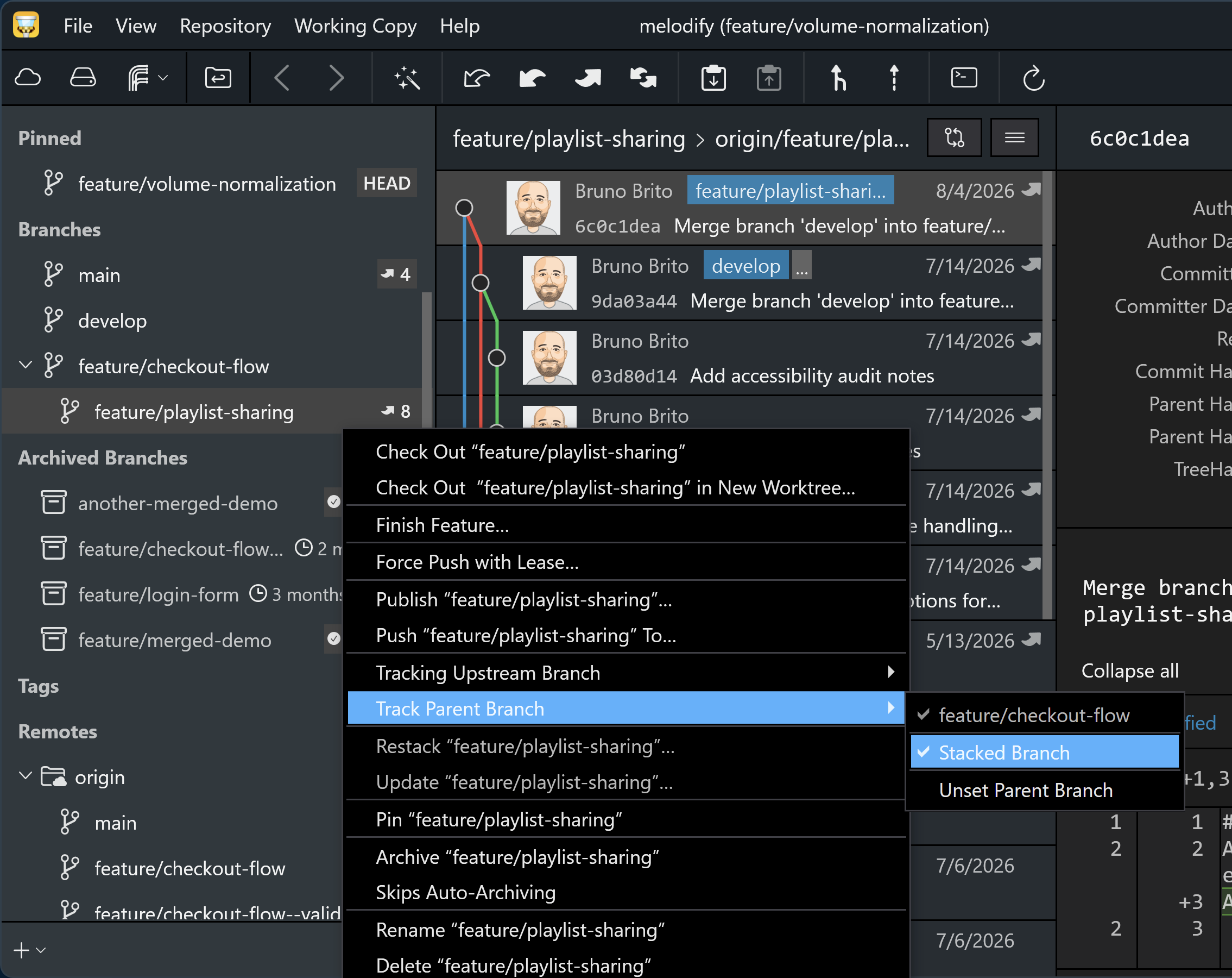 Marking a branch as a stacked branch from the Track Parent Branch context menu