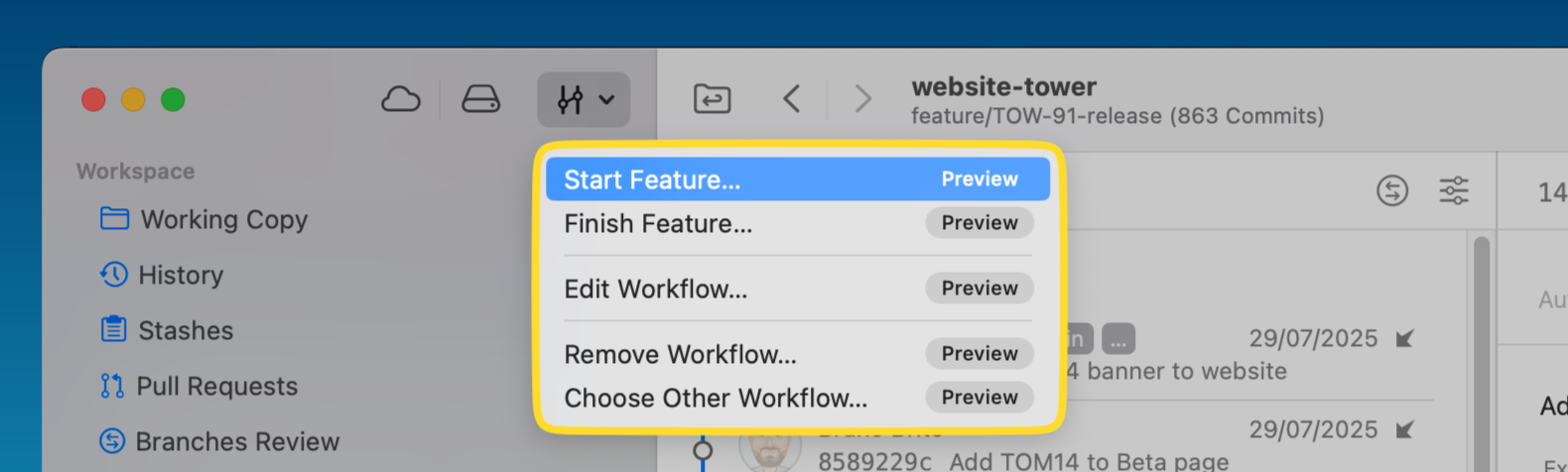 Starting a new feature branch from the Workflows menu