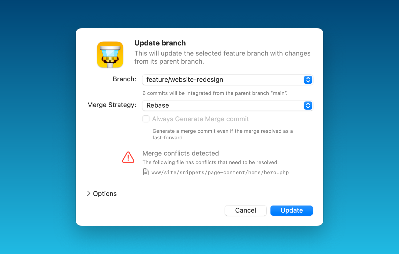 The Update Branch dialog, showing the merge strategy and any files with conflicts