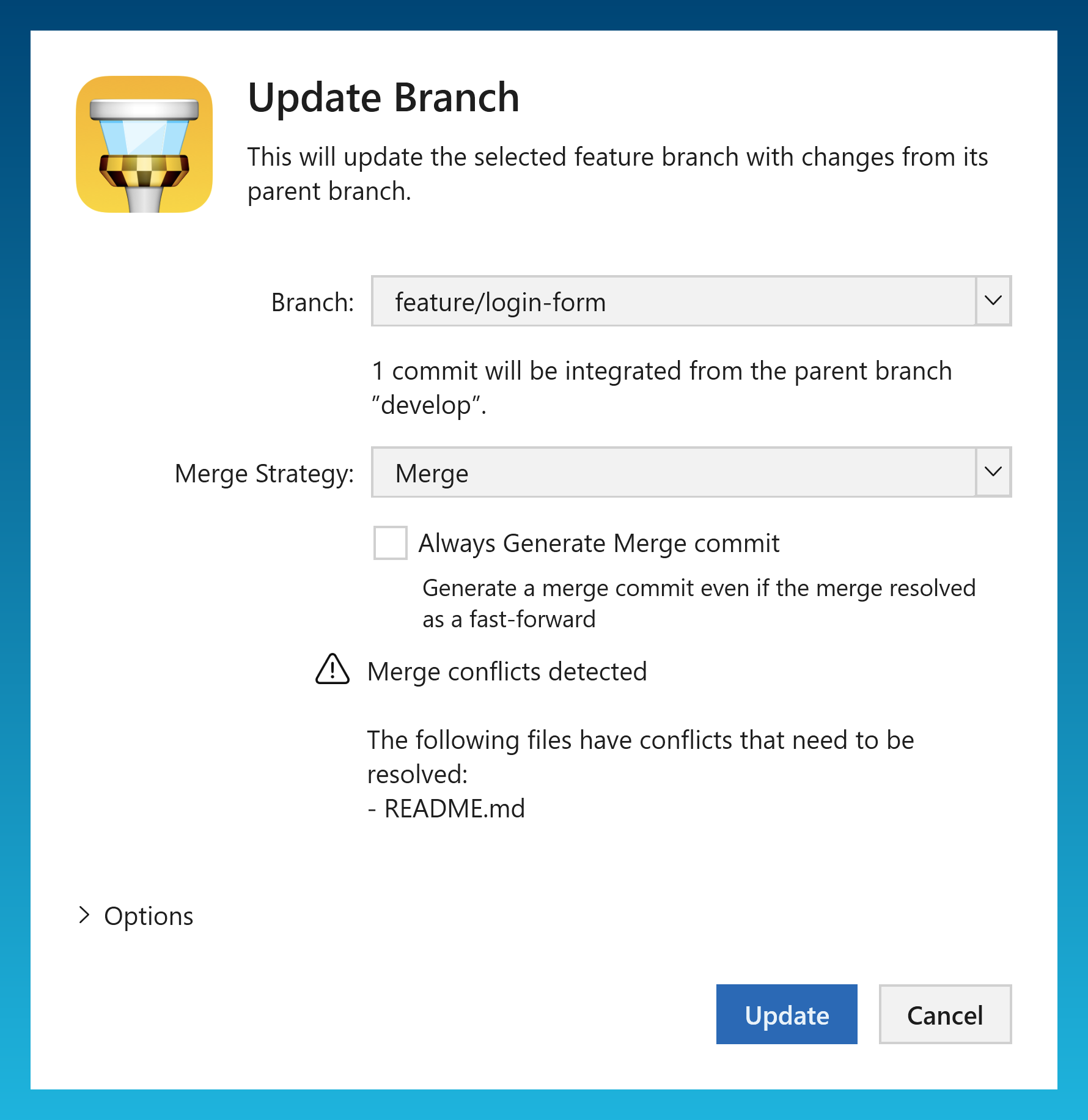 The Update Branch dialog, showing the merge strategy and any files with conflicts