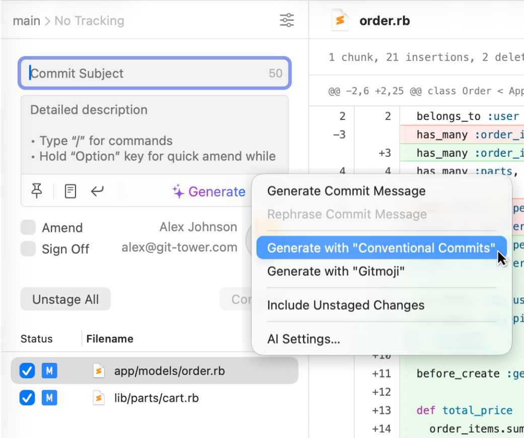 AI Commits dropdown in Tower