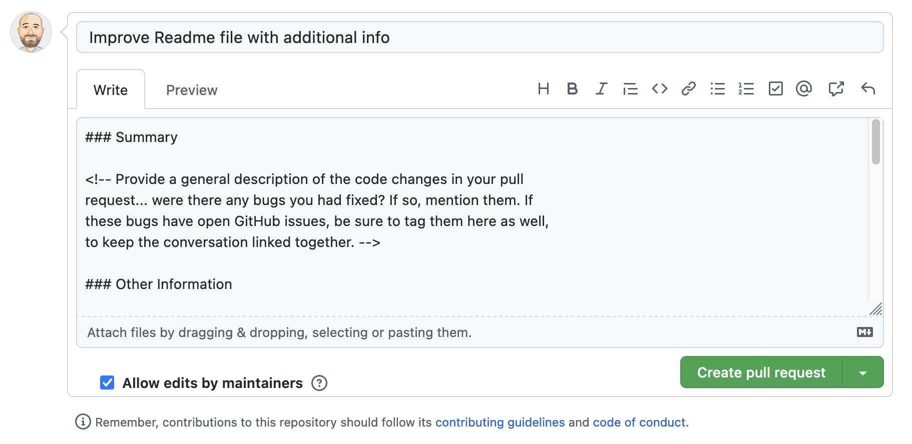 Composing a Pull Request message on GitHub