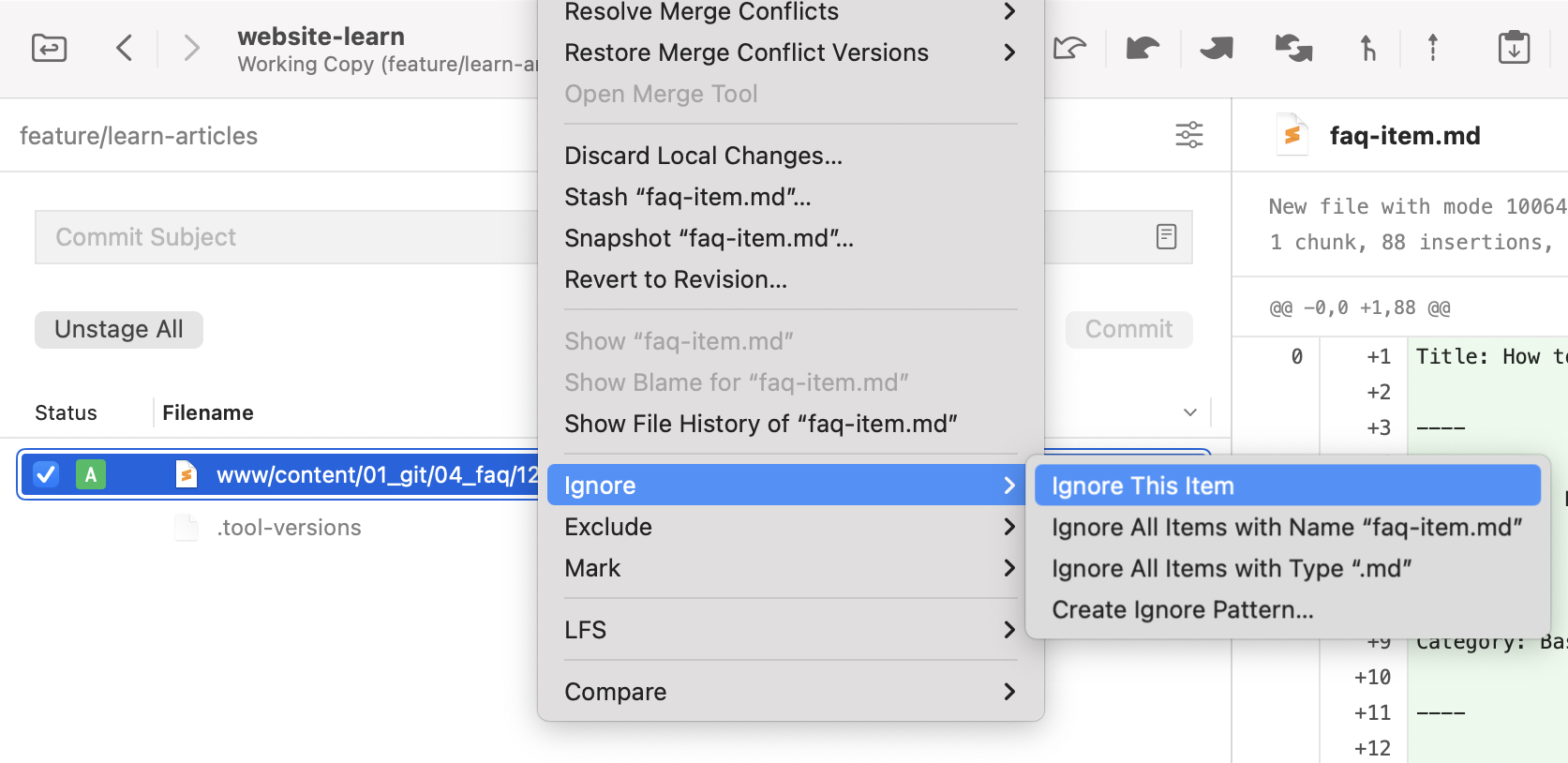 Ignoring a file in Tower